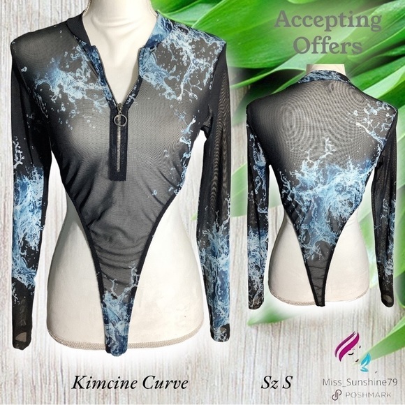 Kimcine Curve - Sz S - high leg sexy bodysuit mesh with electric blue pattern - Picture 1 of 9